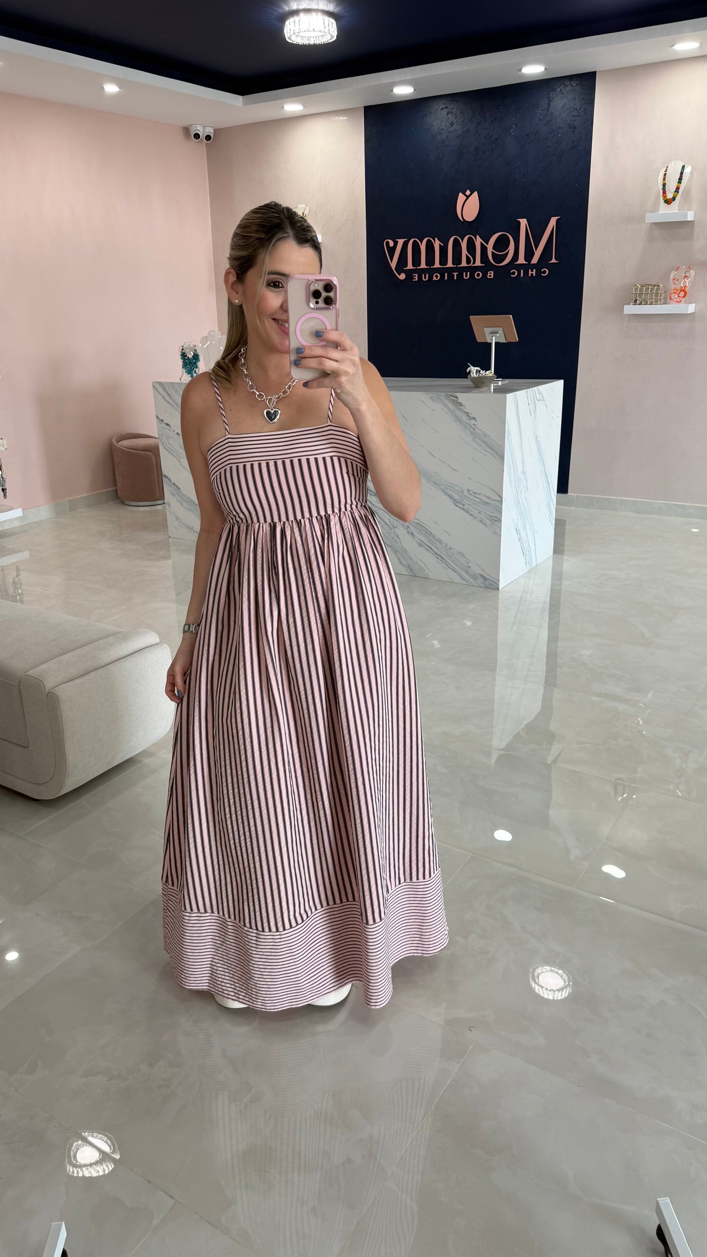 Striped Empire Waist Maxi Dress Pink