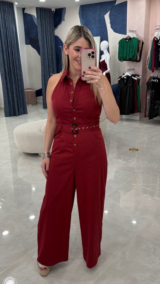 Halter Button Down Jumpsuit Burgundy