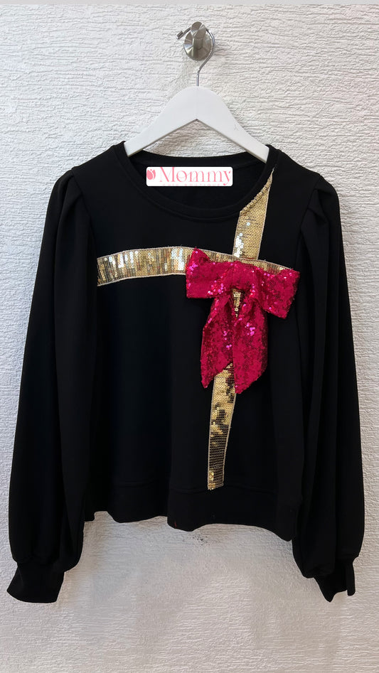 Sweater Top With Sequins Bow Black