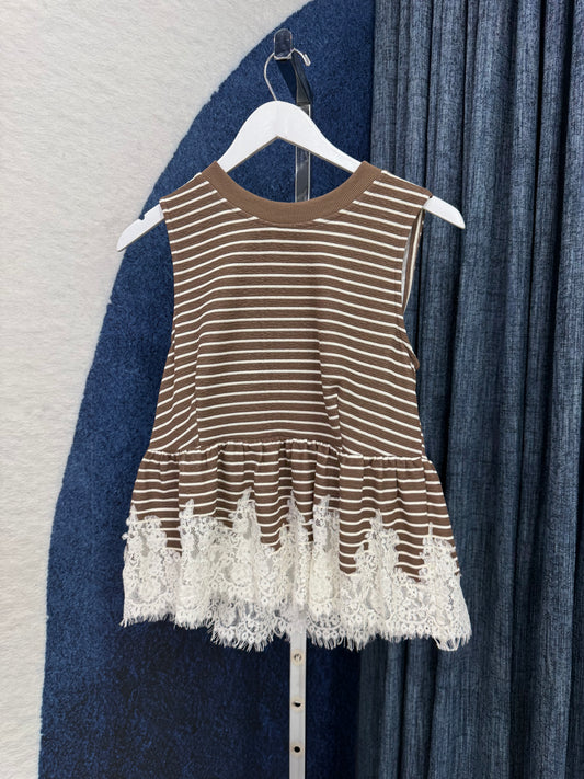 Stripe & Lace Peplum Top Brown