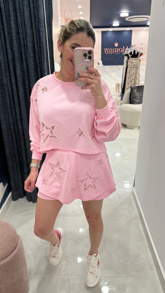 Pearls & Lace Detail Sweater & Skort Set Pink