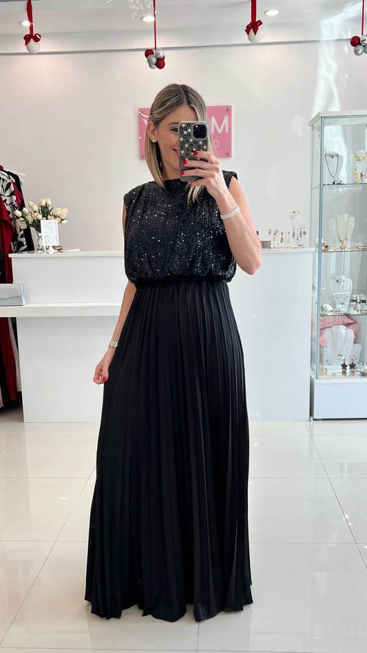 Sequins & Pleated Maxi Dress Black