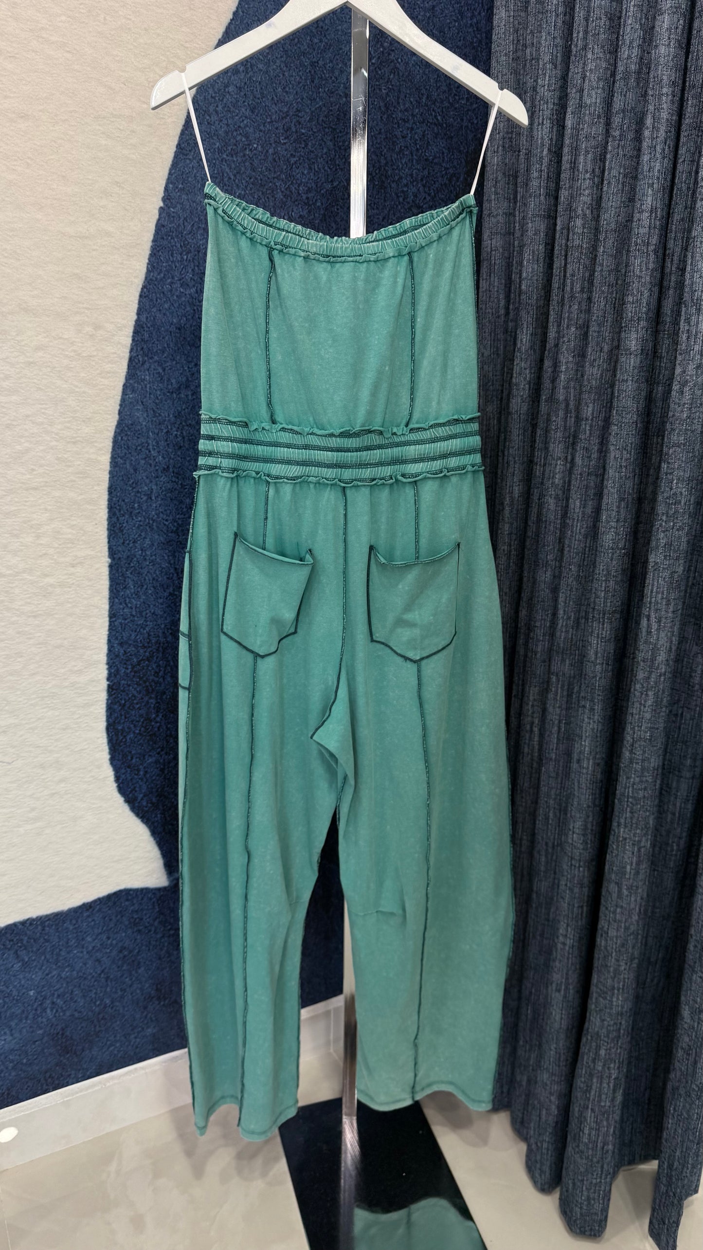 Dusty Mint Mineral Washed Strapless Jumpsuit