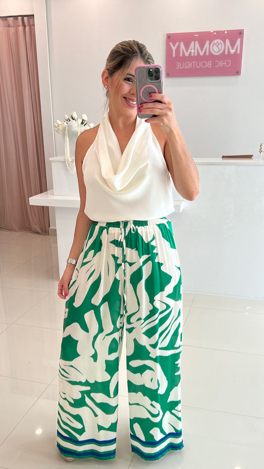 Satin Printed Pant Green & Ivory