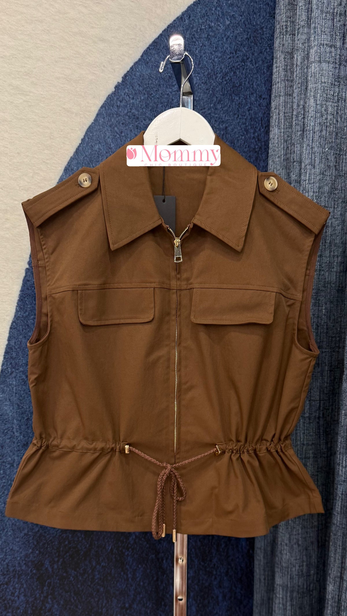 Drawstring Zip Up Top Vest Brown