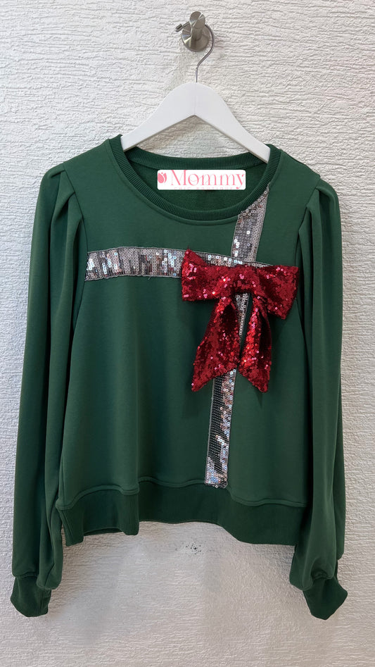 Sweater Top With Sequins Bow Green