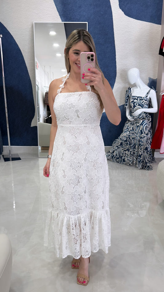 White Lace Midi Dress Halter