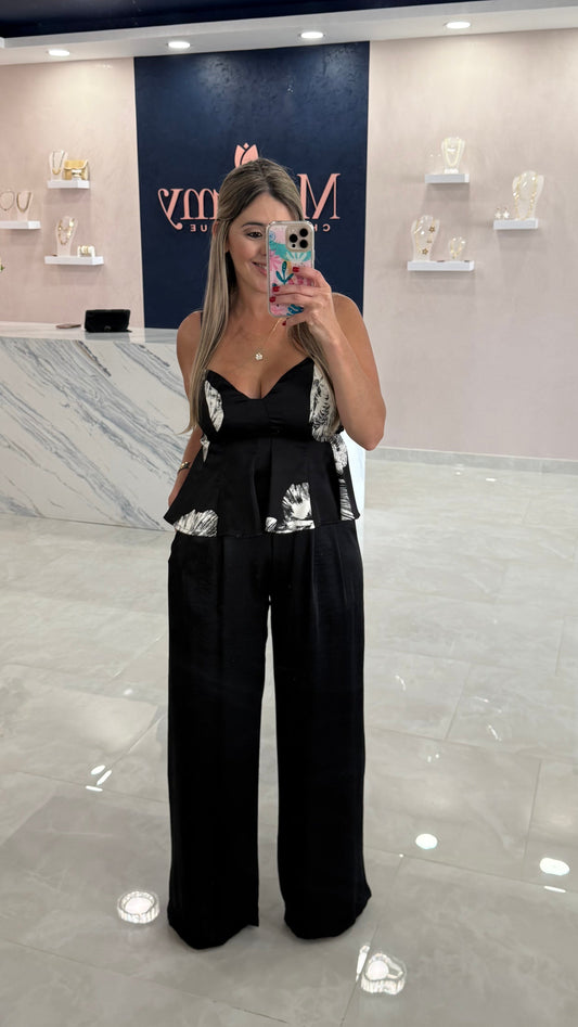 Peplum Top & Pant Satin Set Black