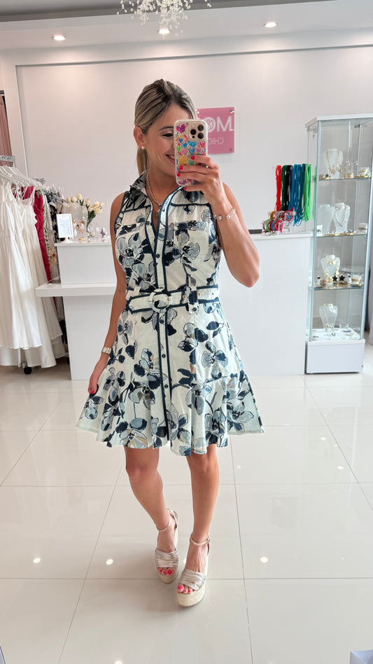 Printed Sleeveless Dress Navy