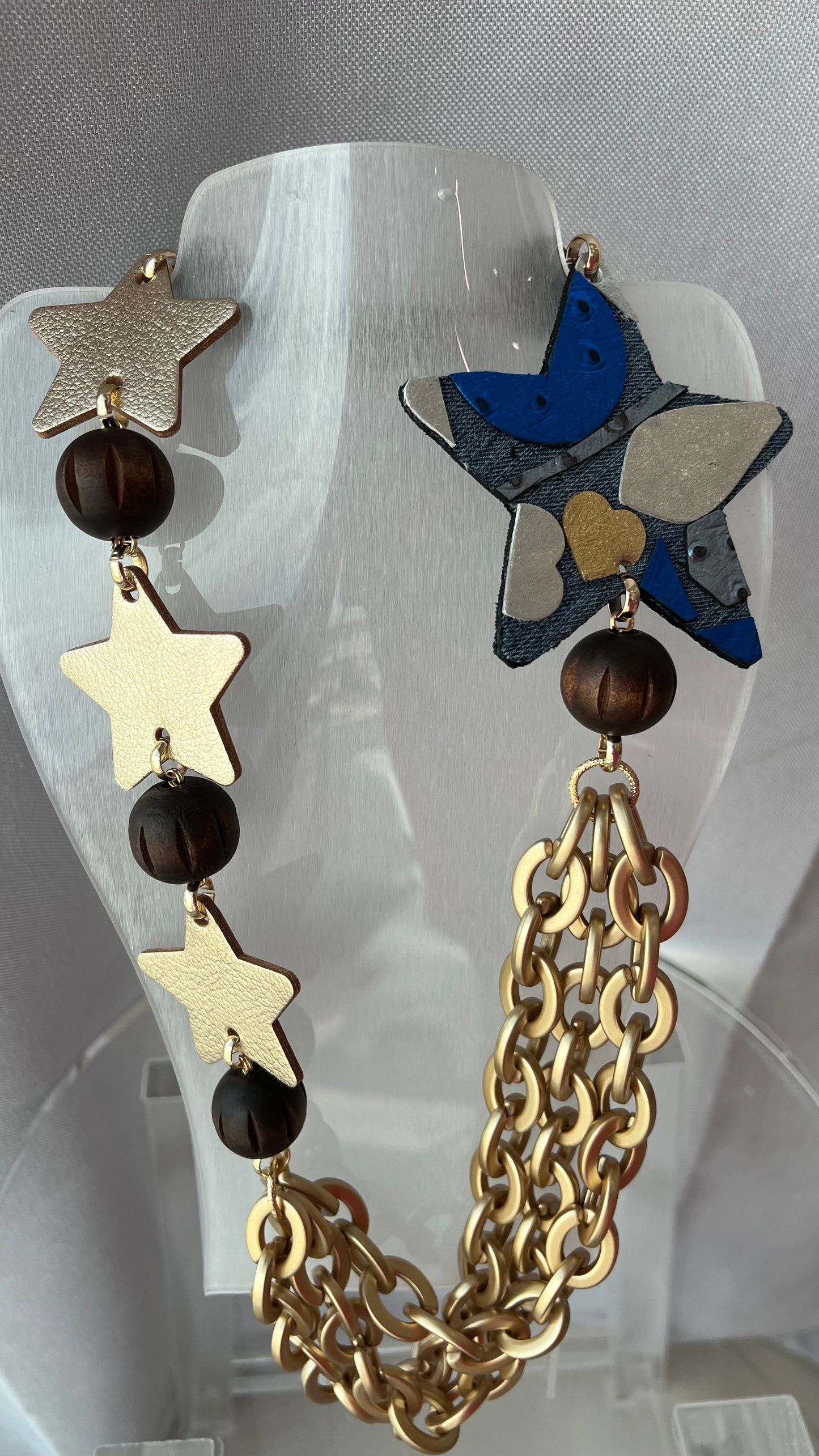 Star Leather Necklace Denim / Wood