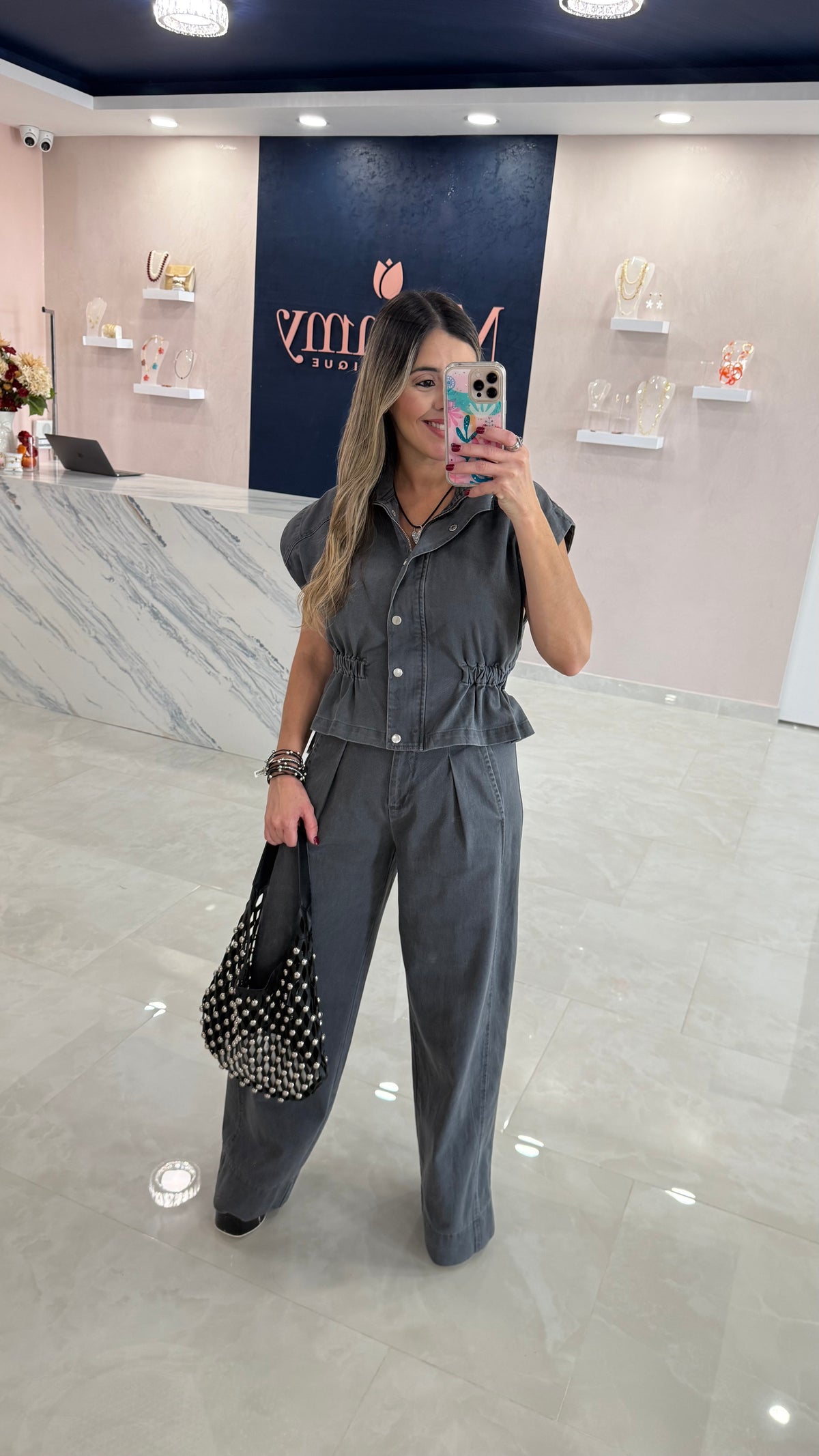 Denim Vest Top & Pant Set Gray