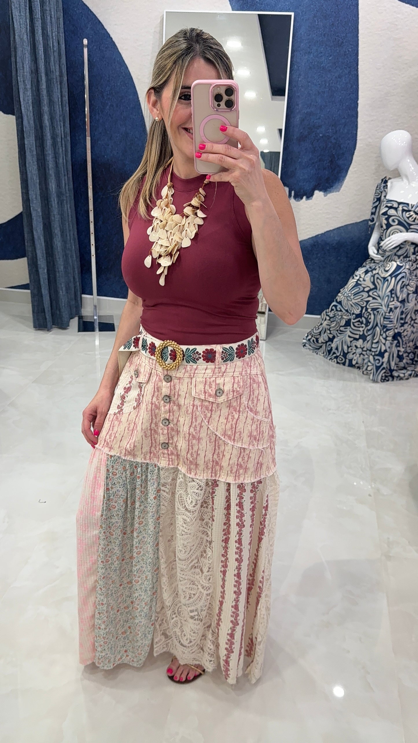 Printed Maxi Skirt With Lace