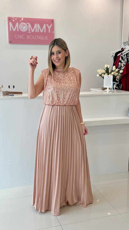 Sequins & Pleated Maxi Dress Rose Gold