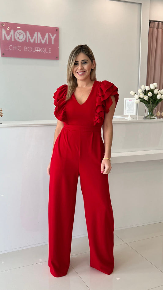 Ruffle Sleeve Jumpsuit Red