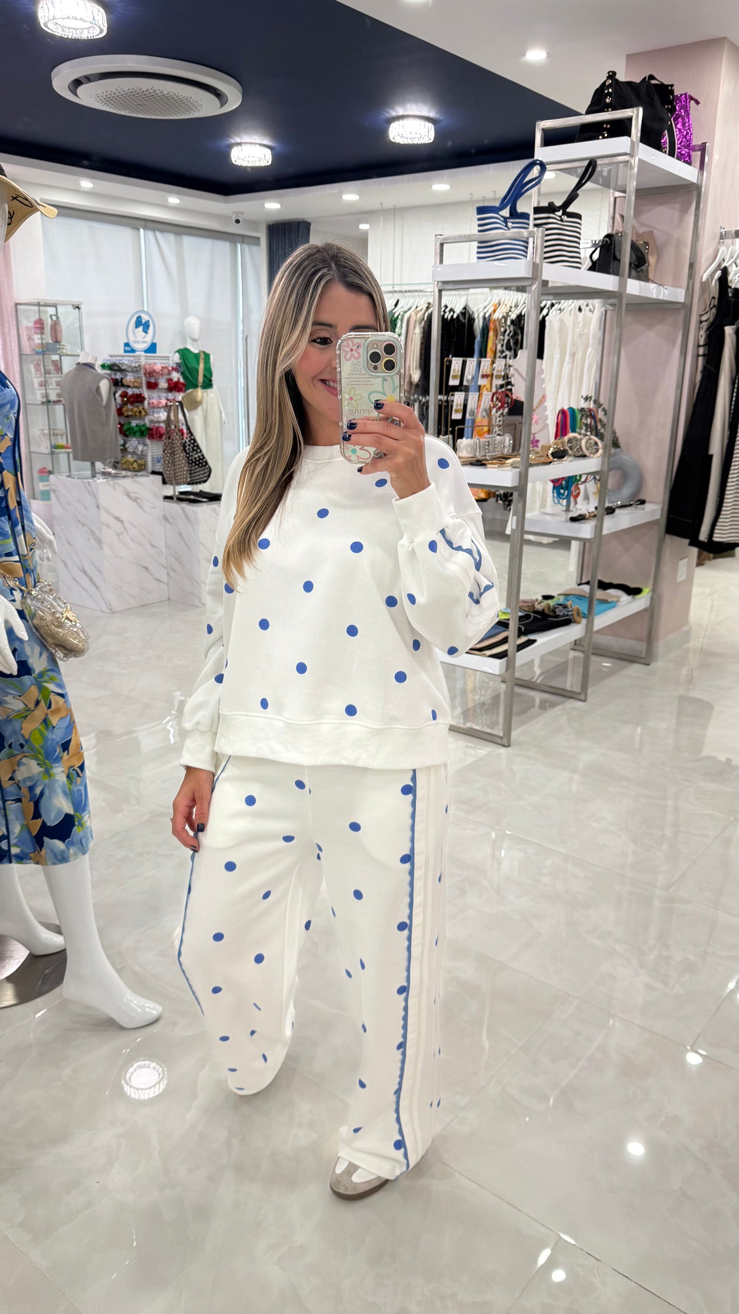 Polka Dot Sweater & Pant Set White / Blue
