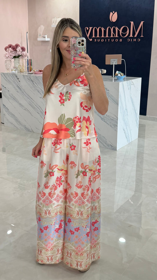 Floral Printed Satin Pant Coral