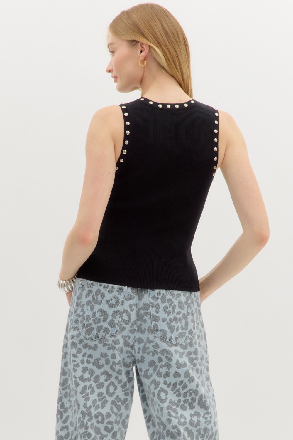 Stud Neckline Top Black