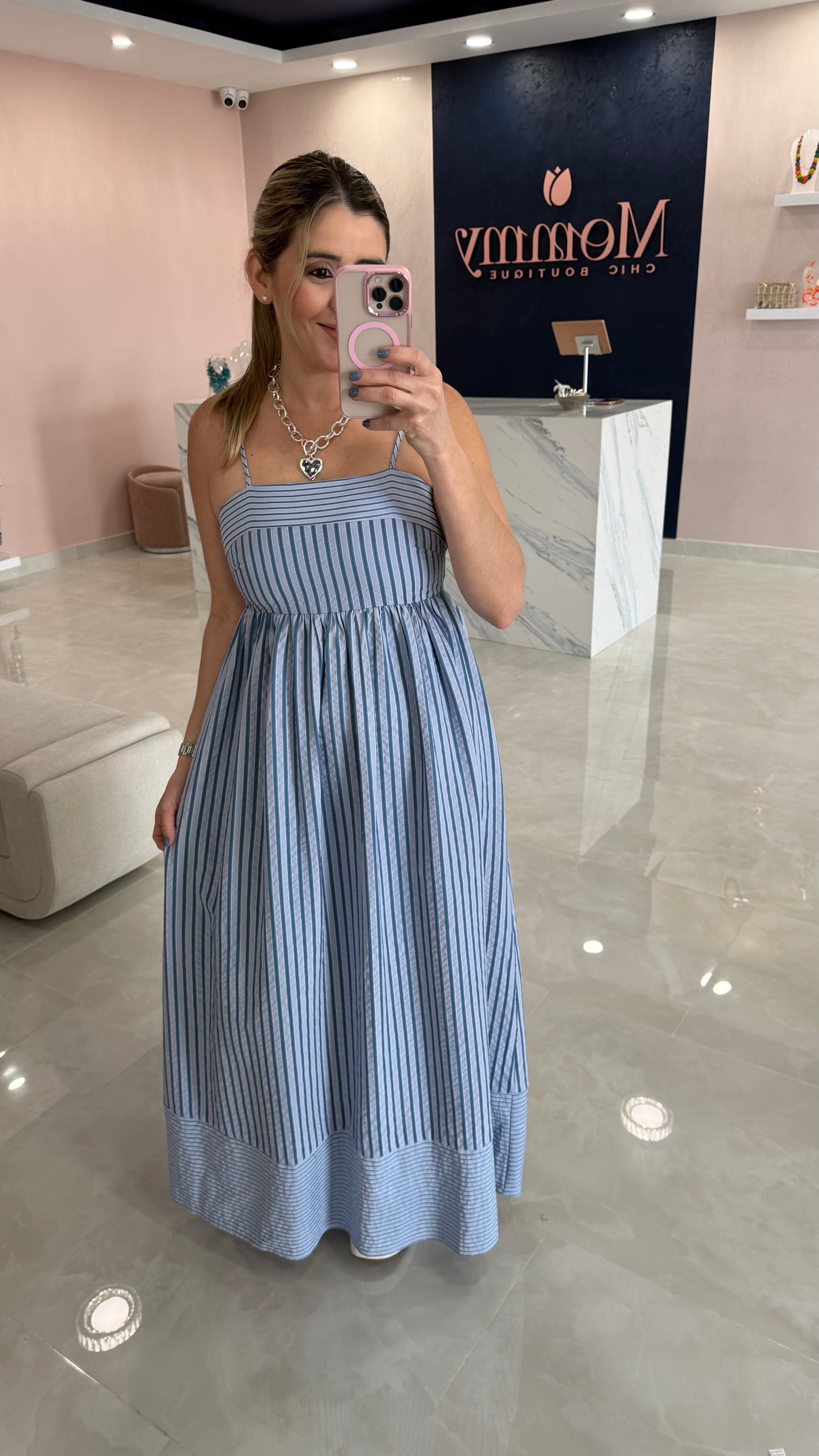 Striped Empire Waist Maxi Dress Blue