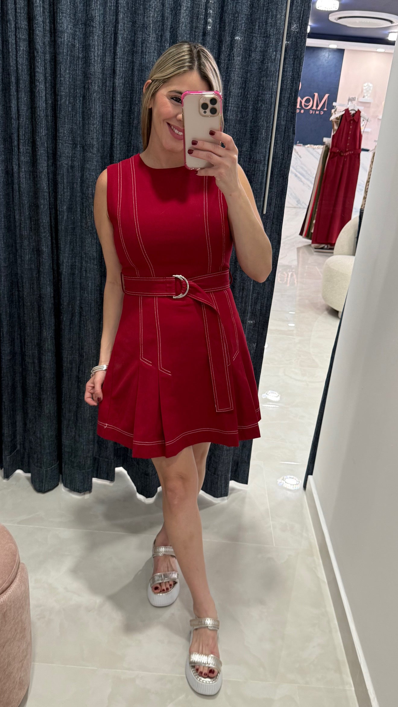 Denim Contrast Dress Red