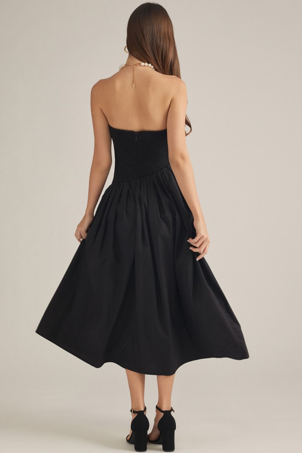Strapless Pleated Midi Dress Black
