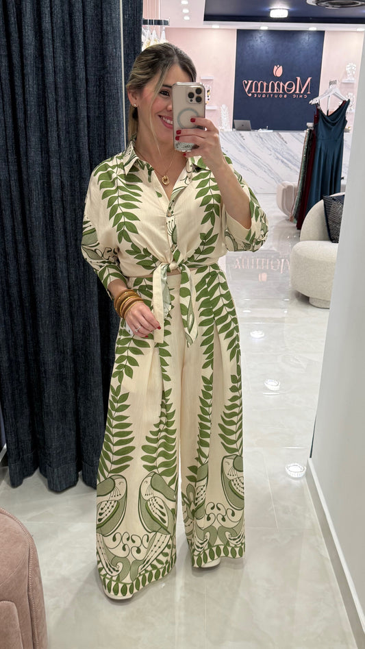 Printed 3/4 Top & Pant Set Ivory Green