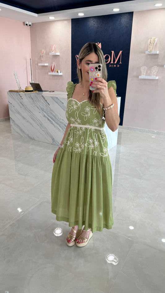 Floral Embroidery Midi Dress Sage Green