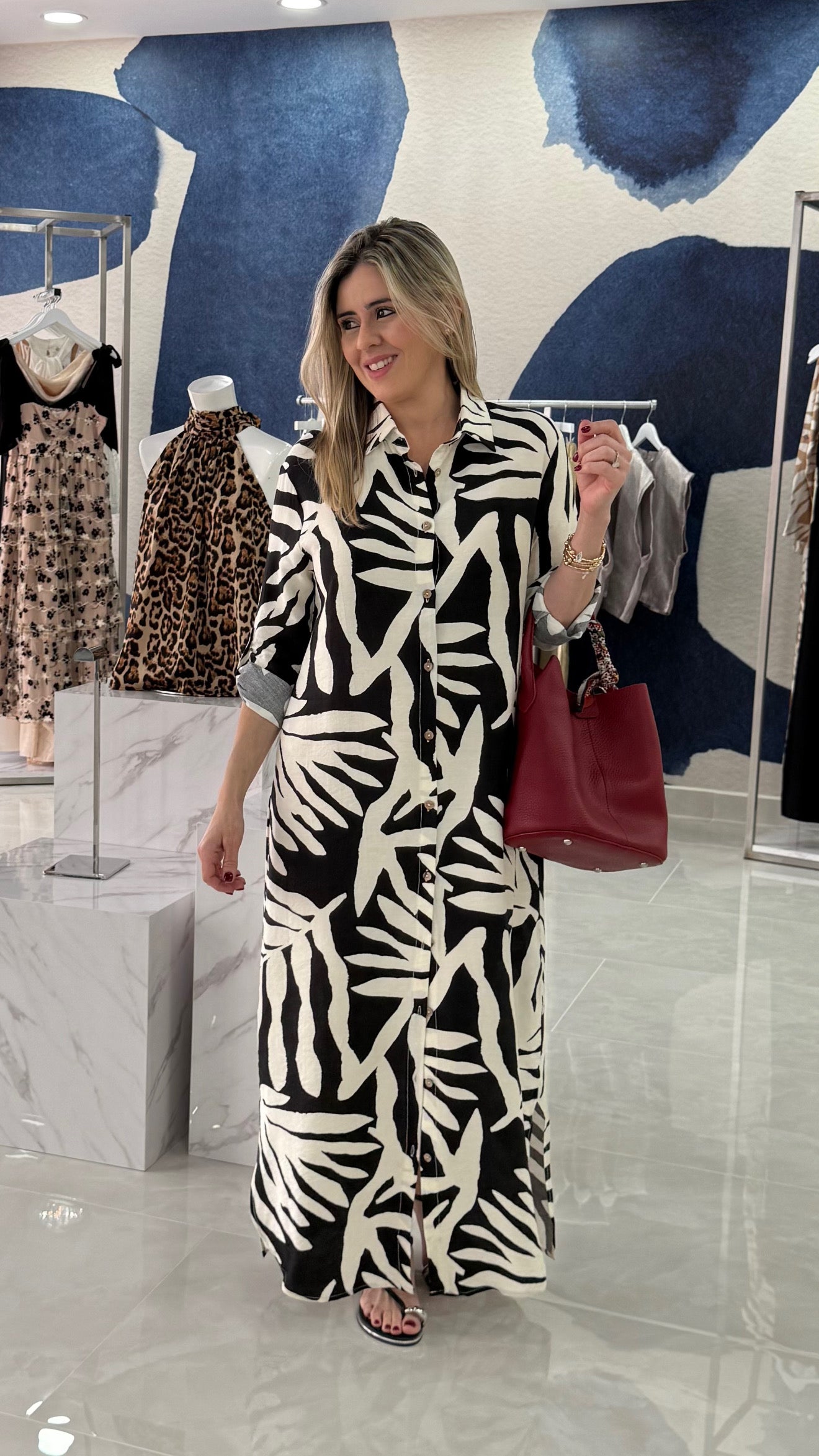 Leaf Button Down Maxi Dress BLK / Ivory