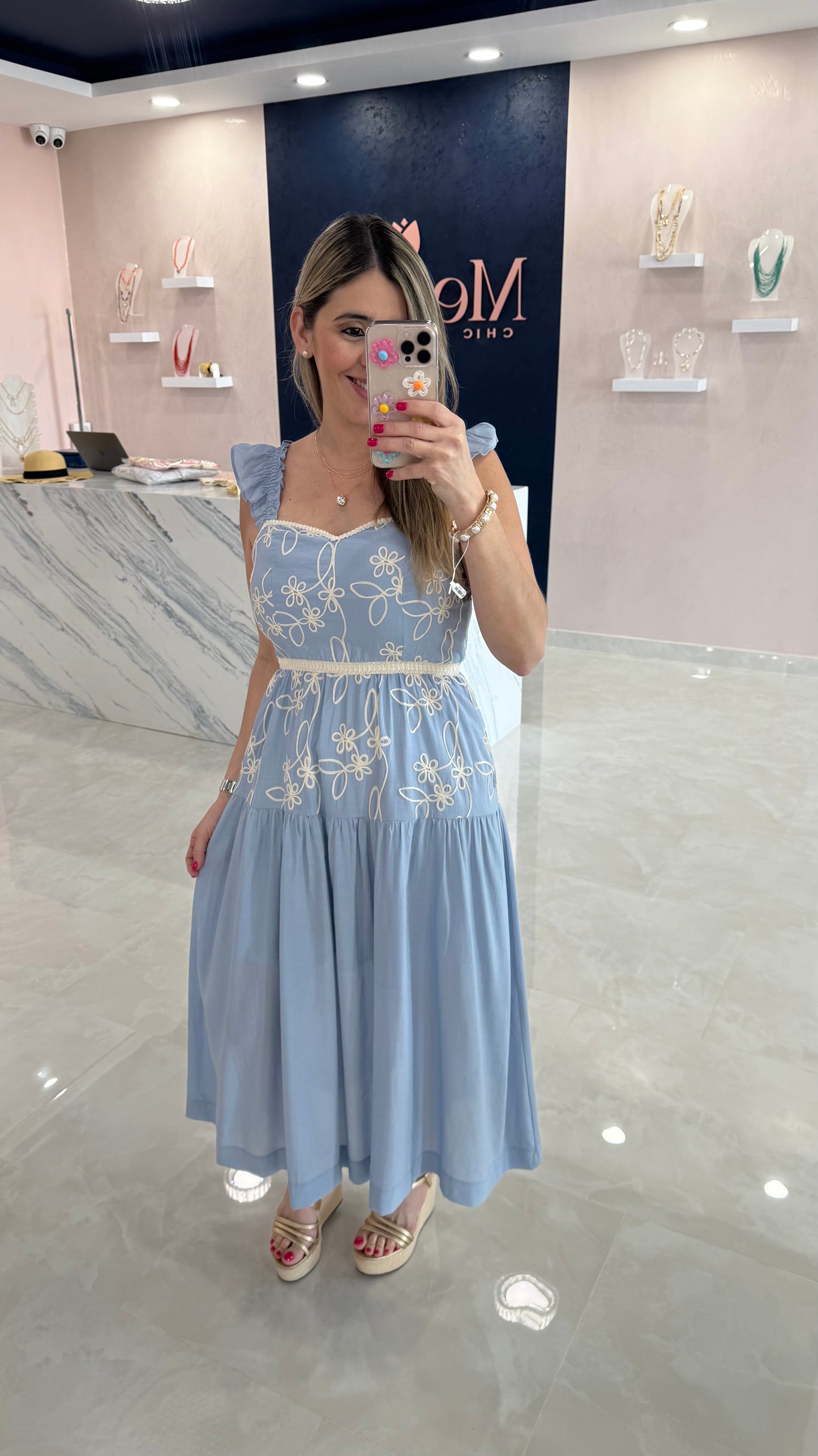 Floral Embroidery Midi Dress Blue