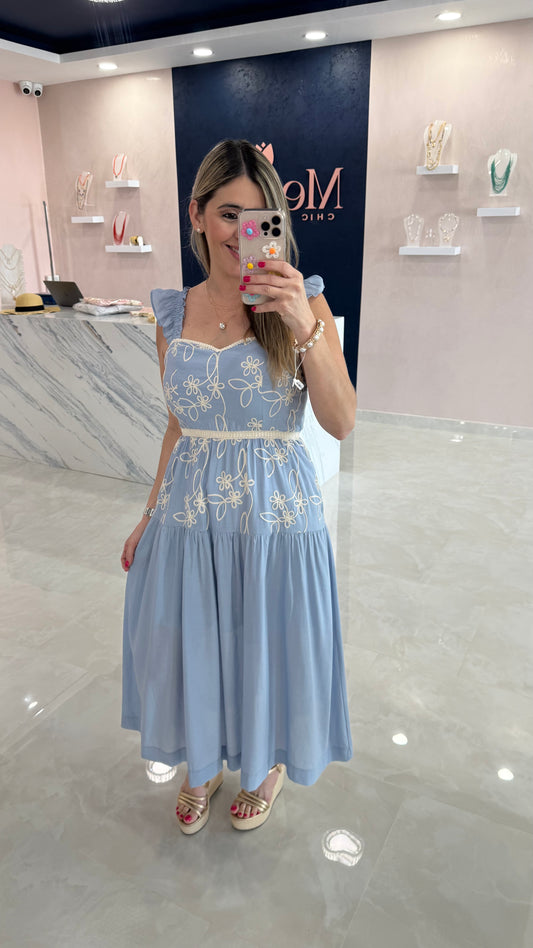 Floral Embroidery Midi Dress Blue