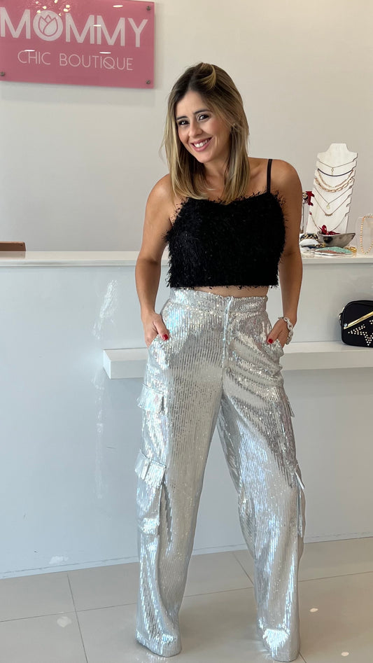 Sequin Cargo Wide Trousers - Silver