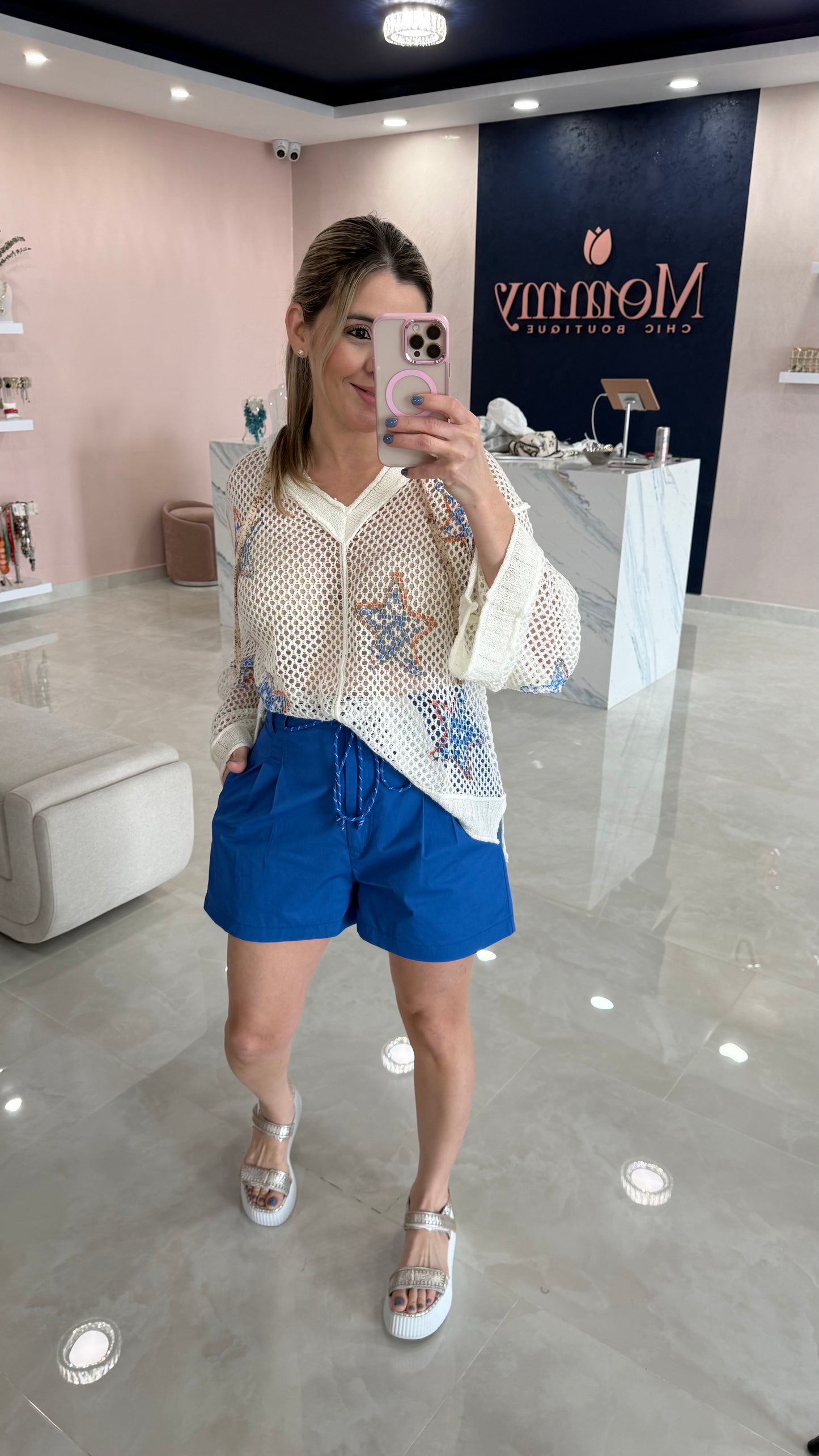 Rope Belt Pleated Short Blue