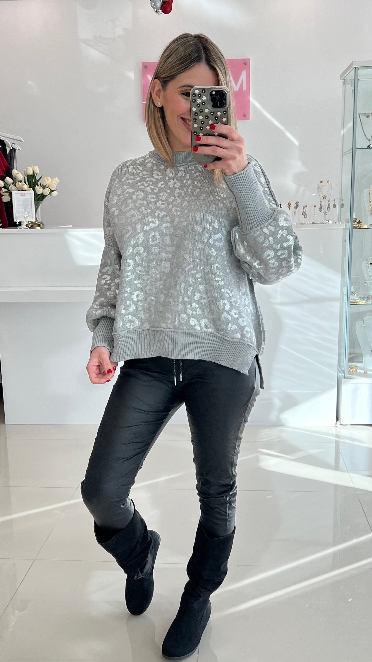 Foil Animal Printed Sweater Gray