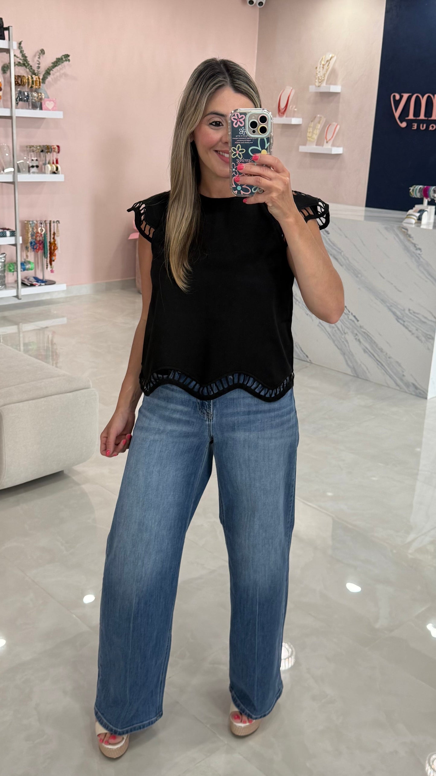 Denim Embroidered Sleeve Top Black