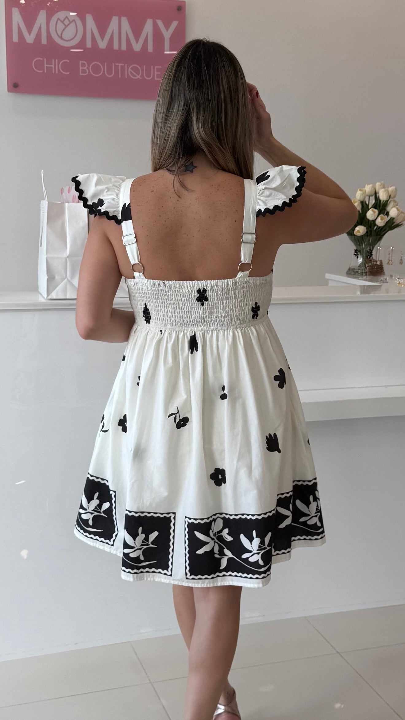 Floral Printed Dress White / Blk