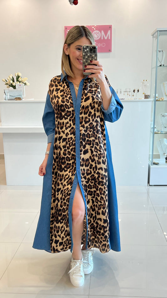 Long Sleeve Maxi Dress Tencel With Leopard