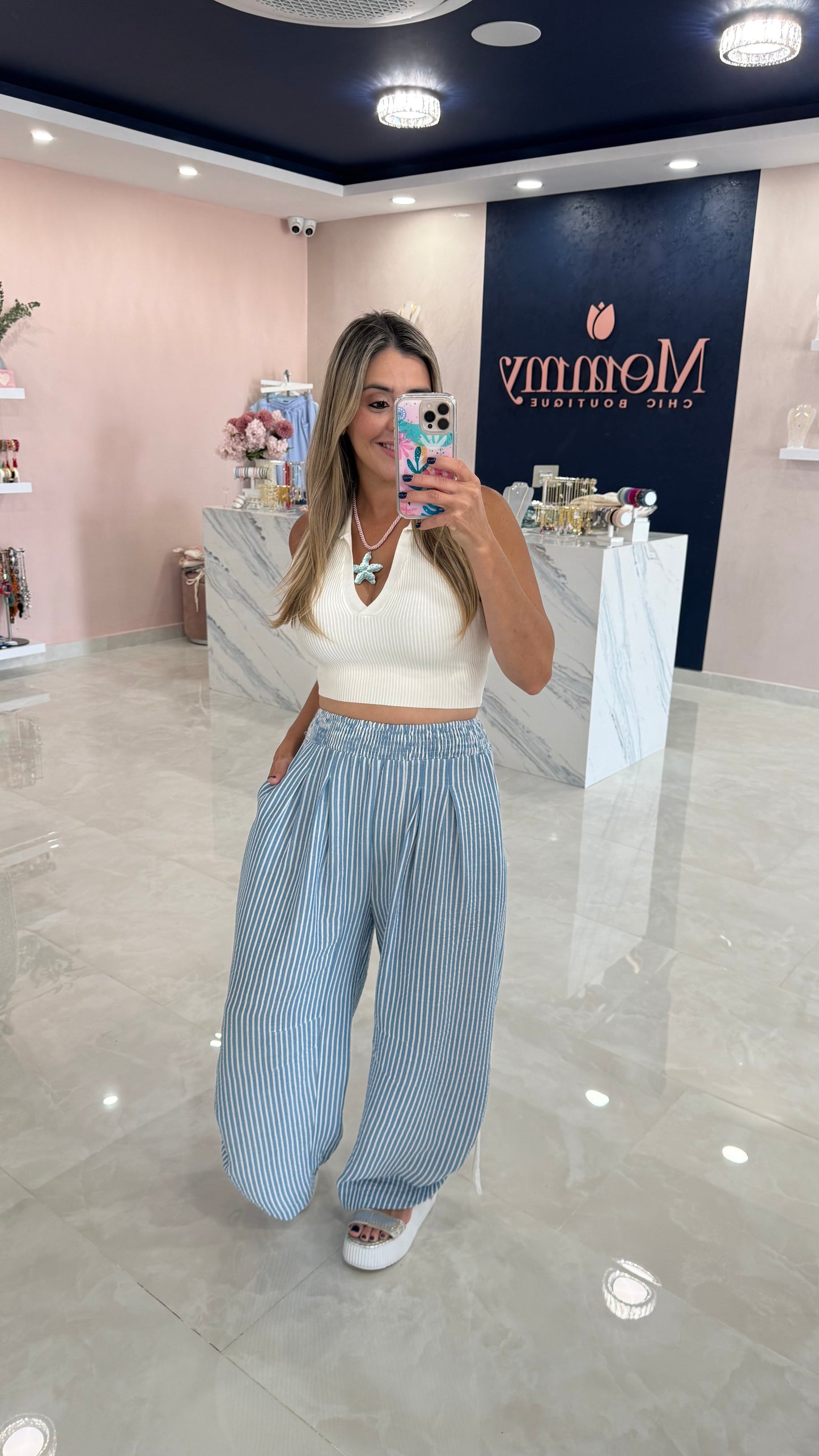 Stripped Barrel Pant With Drawstring Blue