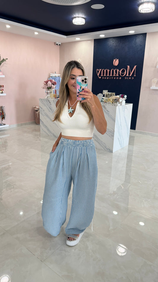 Stripped Barrel Pant With Drawstring Blue