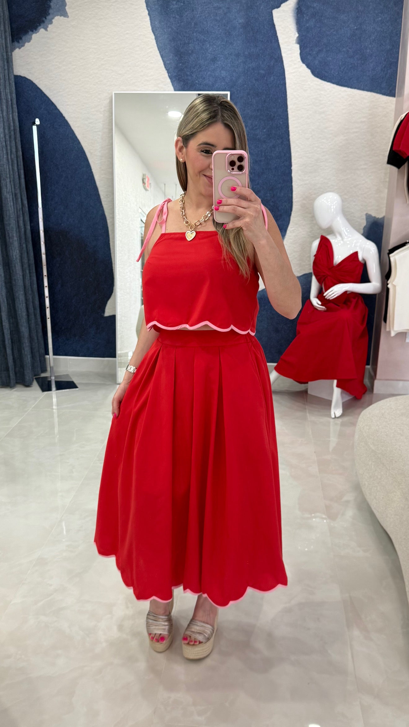 Scallop Top & Midi Skirt Set Red