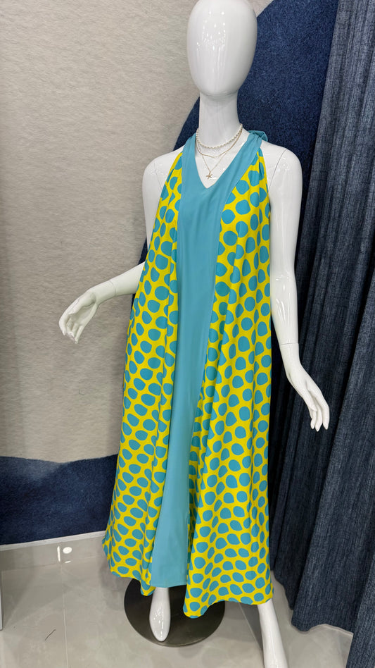 Polka Dots Printed Maxi Dress Blue / Yellow