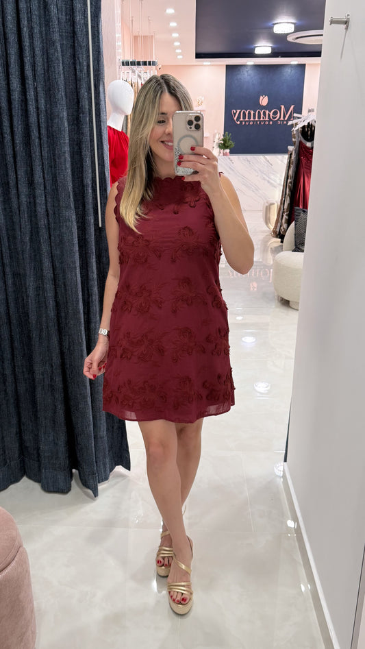 Embroidery Flower Dress Burgundy