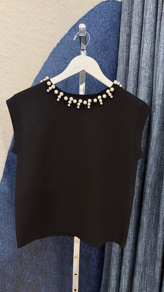 Pearls Neck Knit Top Black