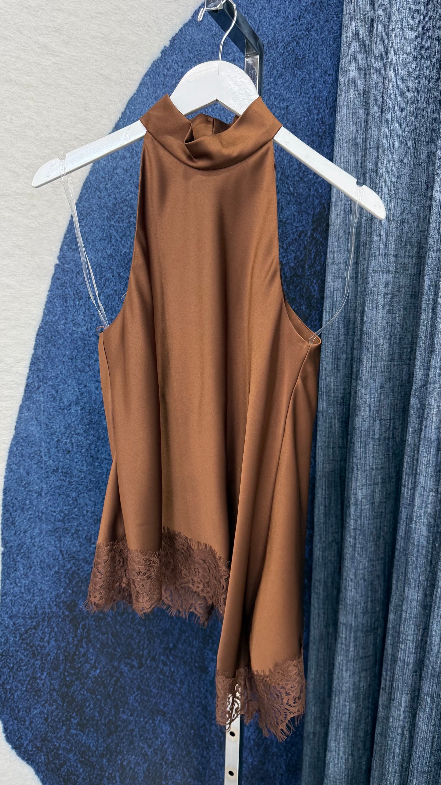 Asymmetric Satin & Lace Top Brown