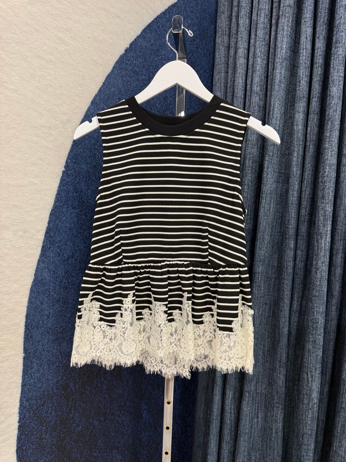 Stripe & Lace Peplum Top Black