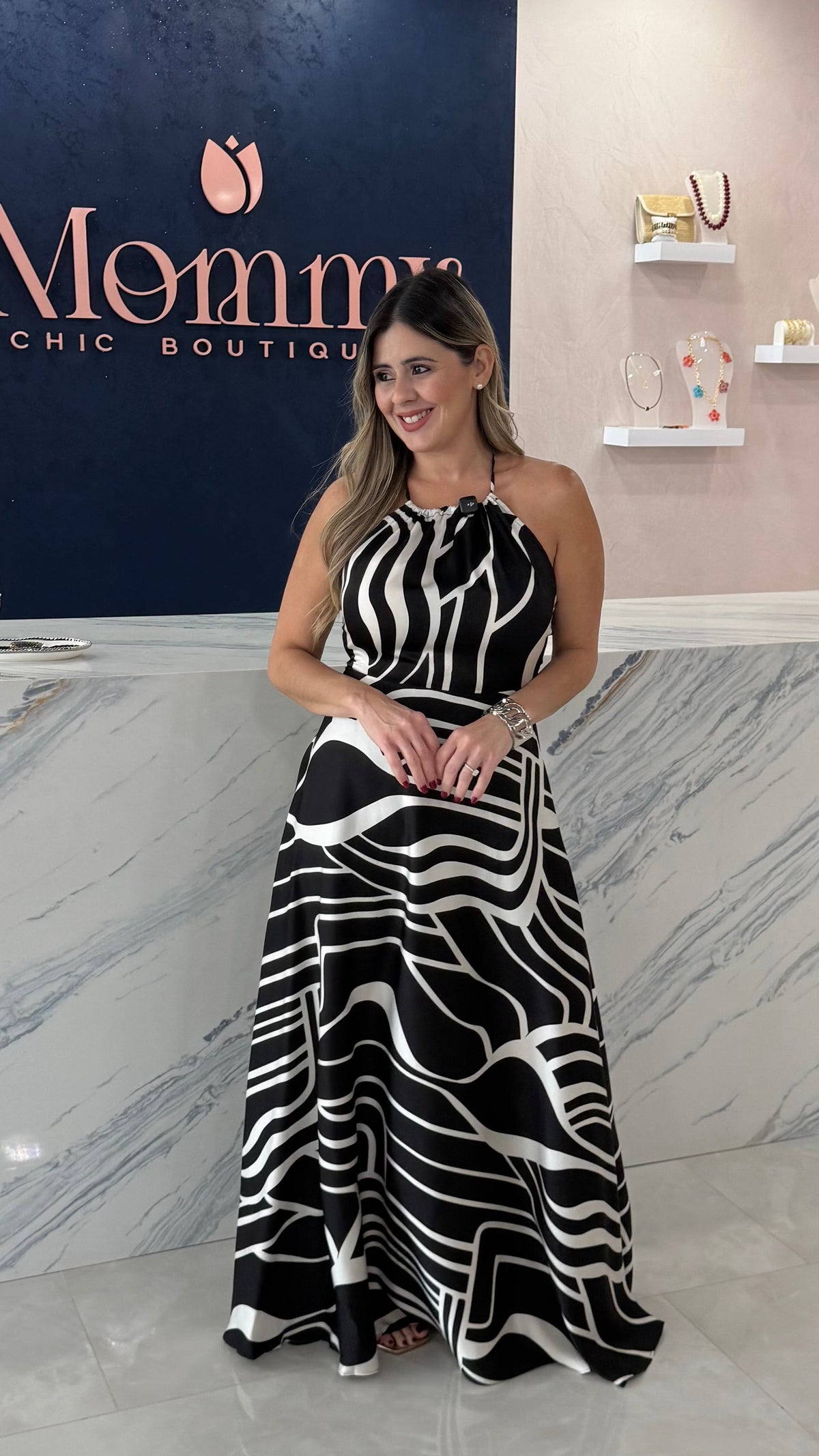 Printed Satin Maxi Dress Black / White