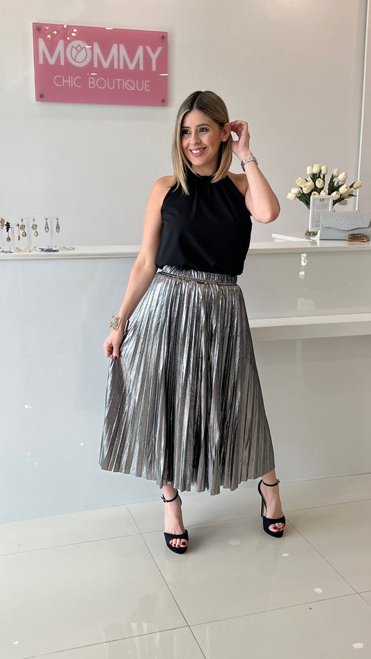 Metallic Pleated Midi Skirt Silver