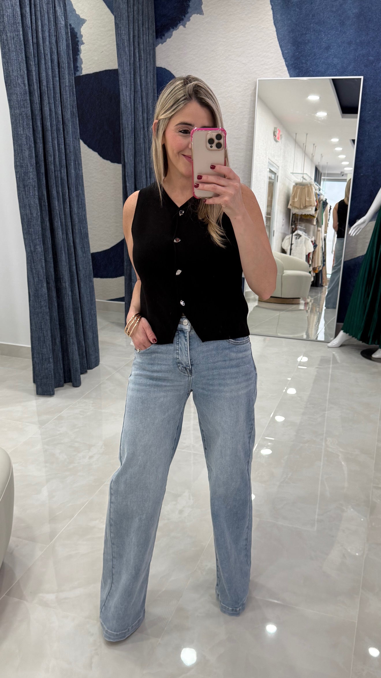 Button Down Sleeveless Knit Top Black