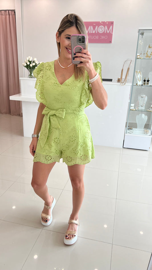 Ruffled Eyelet Romper Lime