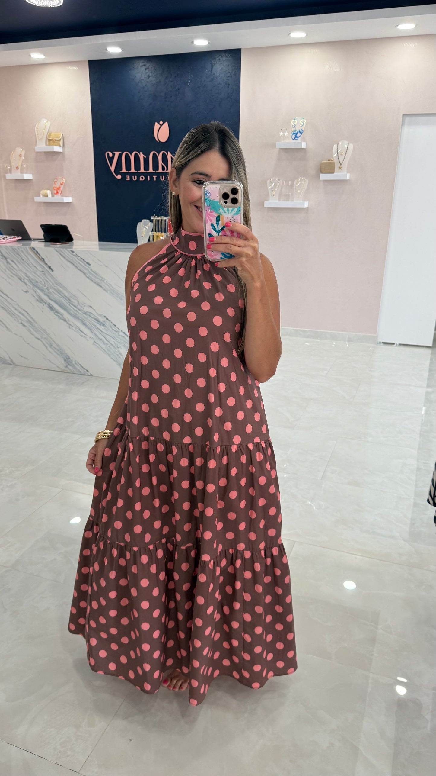 Polka Dots Halter Maxi Dress Pink & Brown