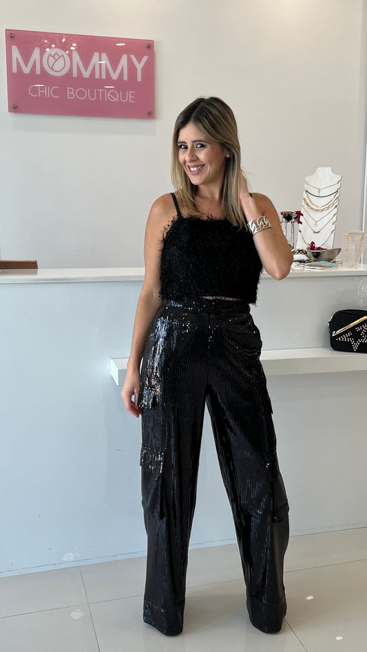 Sequin Cargo Wide Trousers - Black