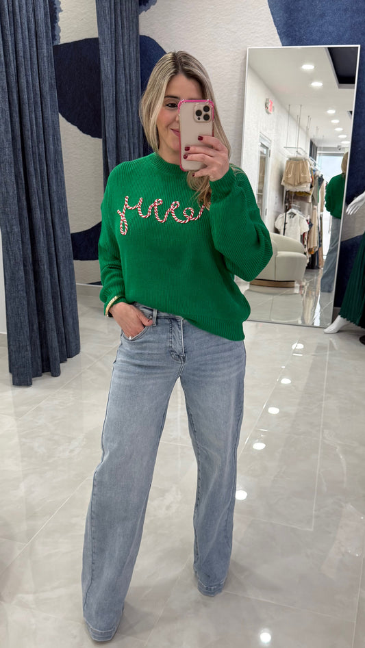 Candy Cane Merry Sweater Green